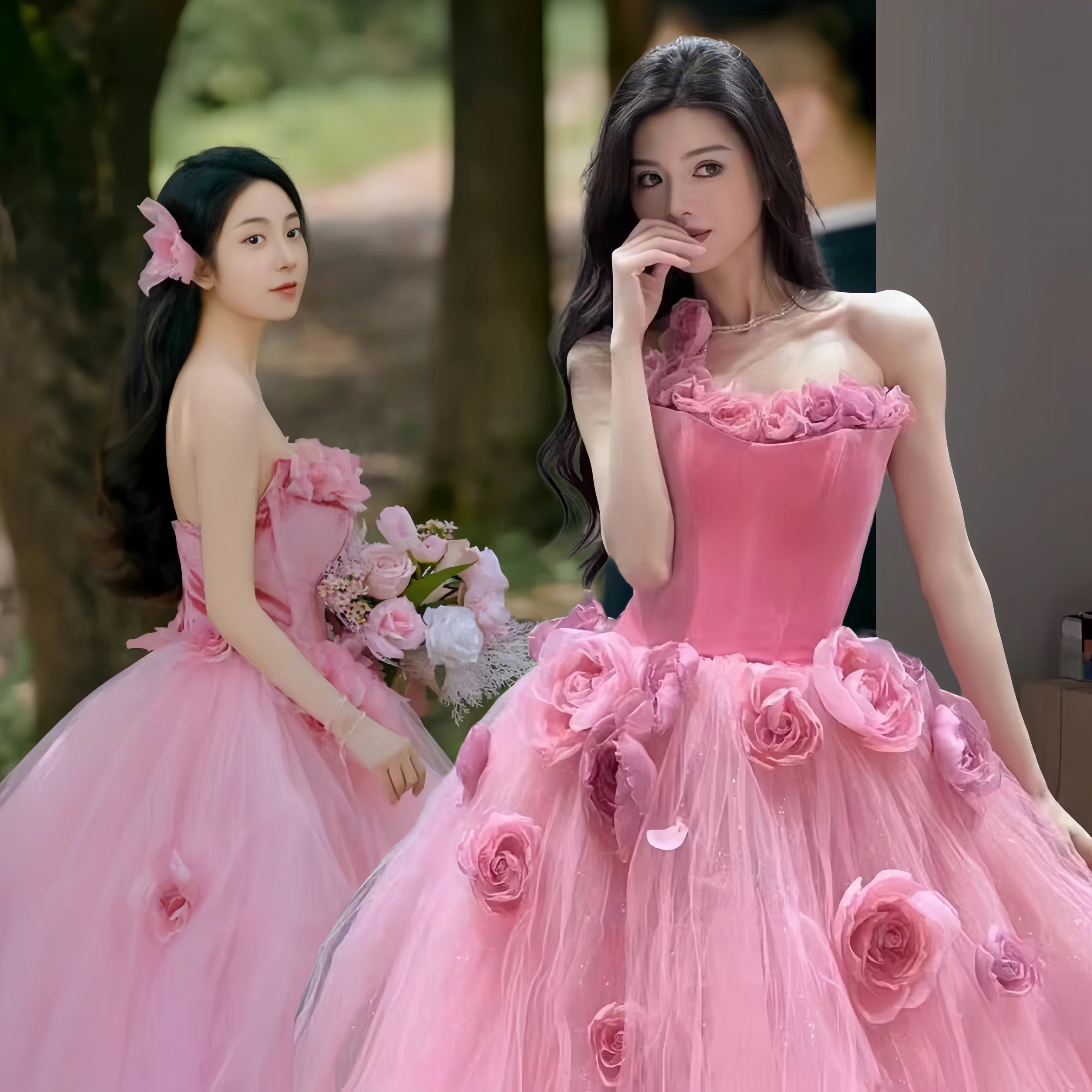 ウェディングドレス スレンダー ピンク パーティードレス 花嫁 ドレス 披露宴 二次会 前撮り ワンピース ドレス　フォトウエディング ロングドレス 立体花 レース お呼ばれ 挙式 姫系 12,960円