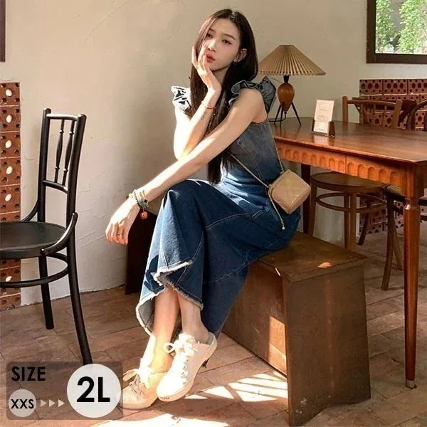 デニムワンピース リゾートワンピース 大人可愛い 夏ワンピース リゾートワンピ ワンピース デニム 夏 ノースリーブ フラッタースリーブ 結婚式 レディース サマー ロングワンピ 体型カバー フレア