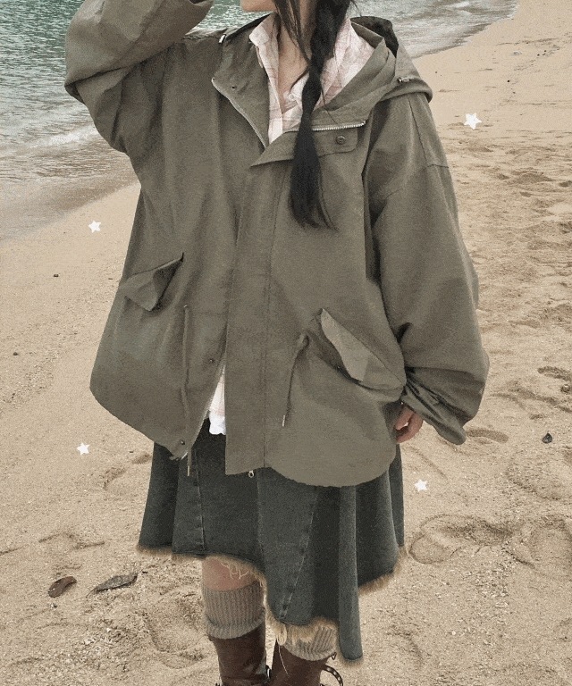 [高クオリティ!/ビンテージ] 保護本能刺激! ワンオーバーフィット ツーウェイ ファスナー ハーフ フィールドジャケットウィンドブレーカーストリング 後パーカー