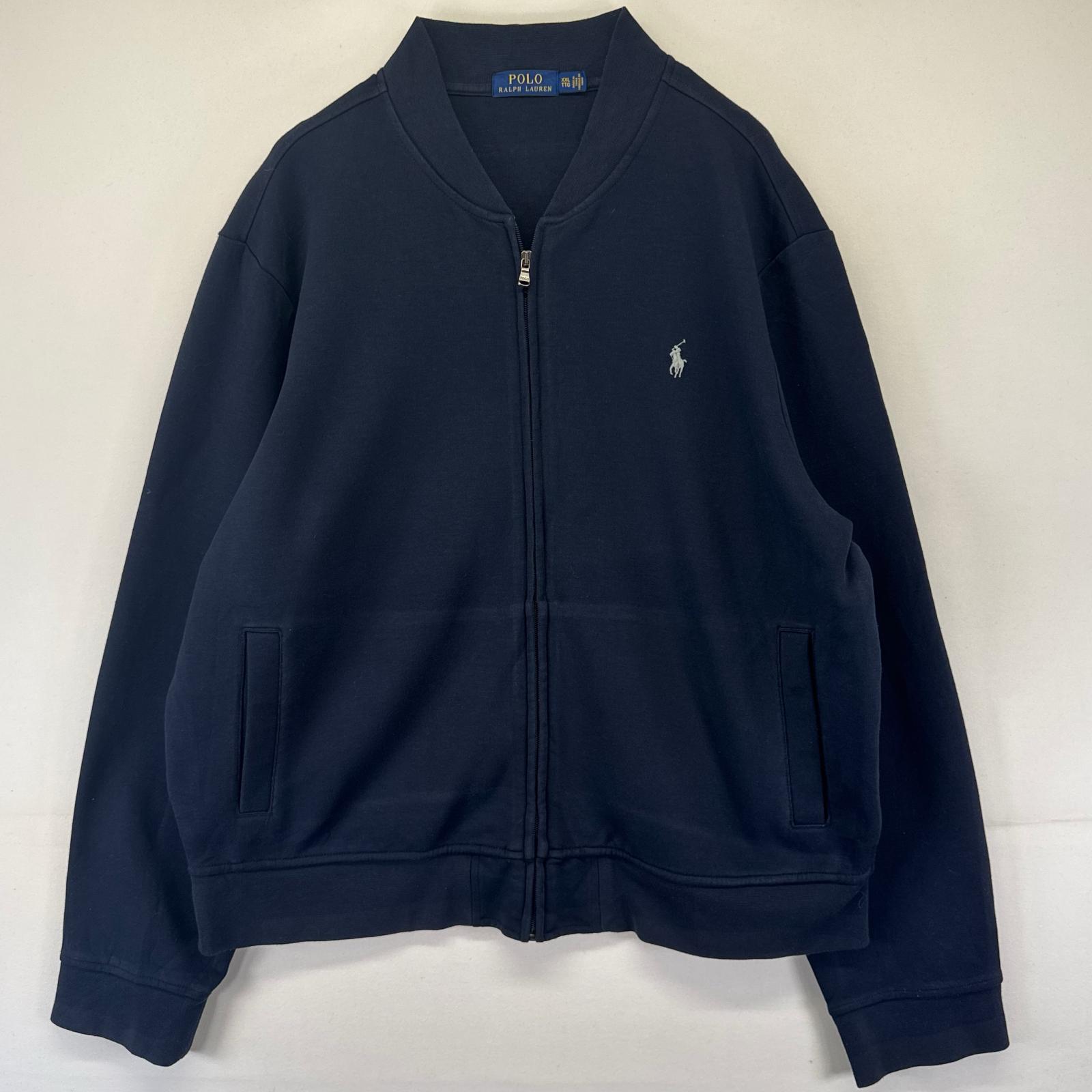 古着 ジャケット フルジップ スウェット ワンポイント 大きいサイズ 2XL ネイビー系 メンズ
