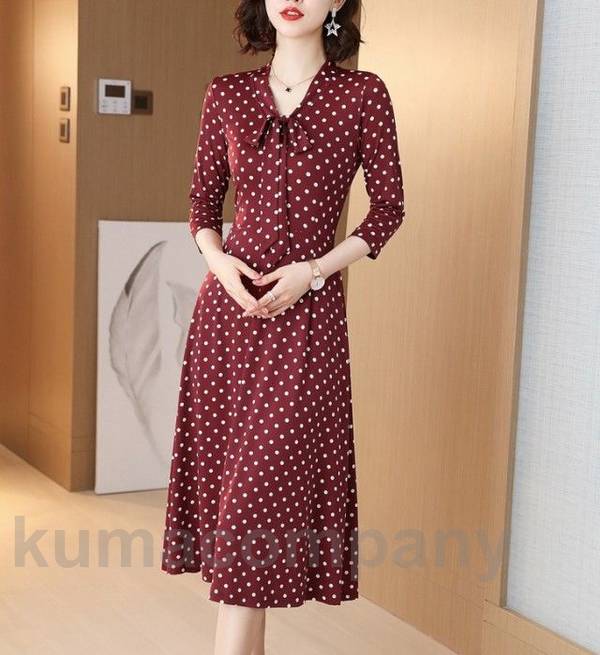 ボウタイ ワンピース 長袖 ドット 柄 総柄 花柄 ミモレ丈 春秋 レディース 大きいサイズ 3L 4L 黒 赤 上品 七分袖 Vネック Aライン おしゃれ きれいめ カジュアル レトロ 春 秋 20