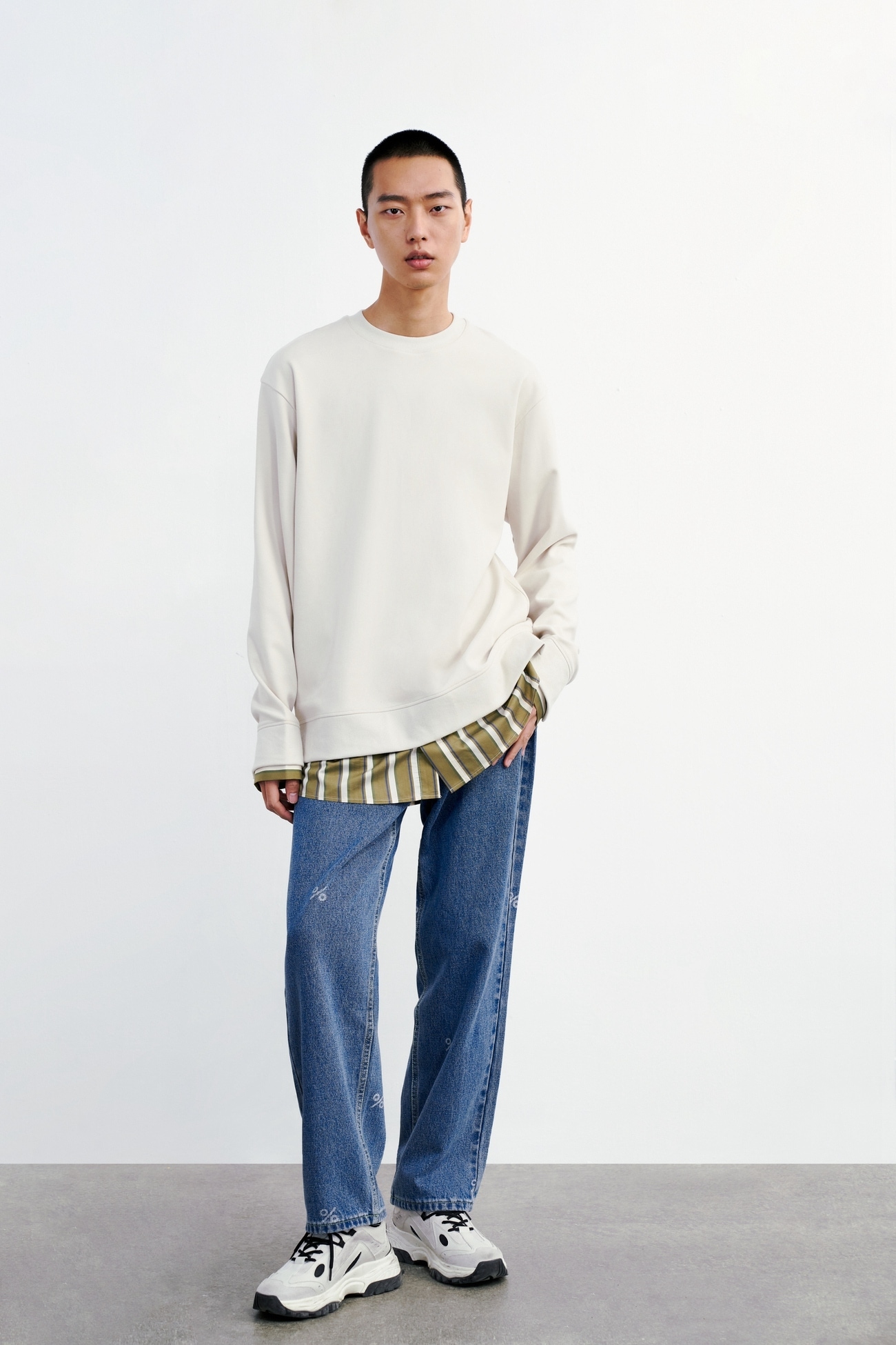 夏 秋 メンズ ファッション カジュアル ステッチ フェイク ルーズTシャツ シンプル カーキ XS S M L トップス Tシャツ シャツ 袖あり 長袖 襟なし きれいめ シンプル 大人 上品