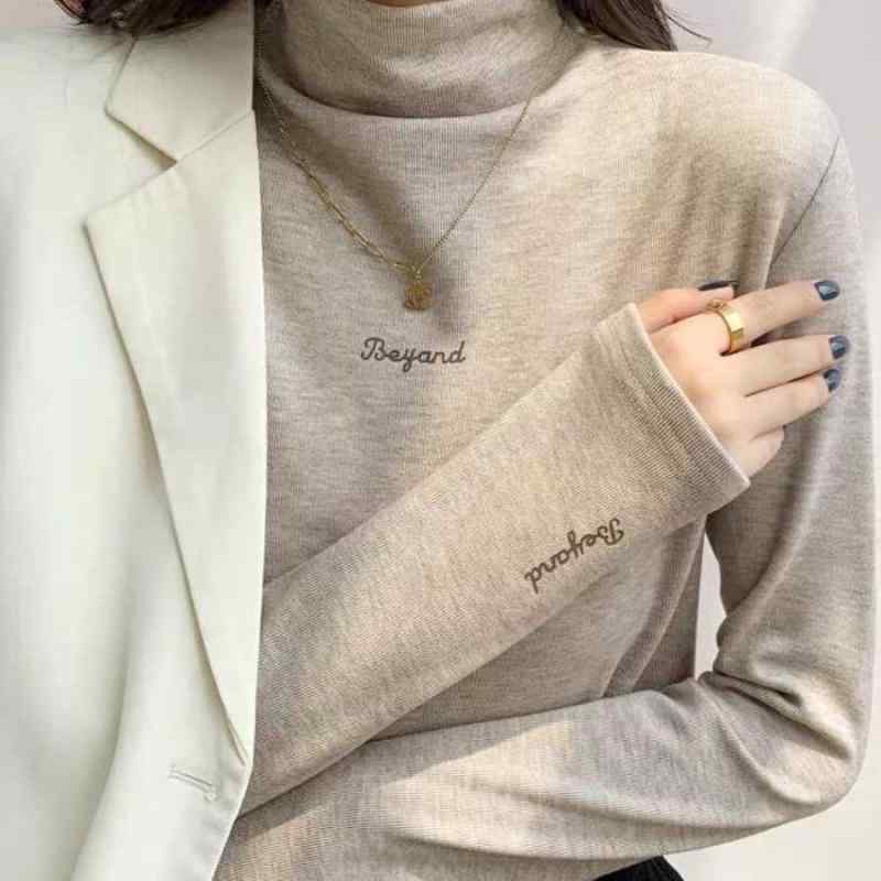 トップス レディース おしゃれ カジュアル 韓国 秋冬 インナーシャツ 起毛 肌に 優しい スリム プリント ハーフ タートルネック 長袖 Tシャツ トレンディ