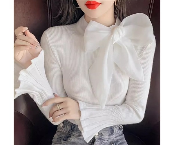 レディース トップス カットソー ニット セーター プルオーバー ミドル丈 長袖 ベルスリーブ ハイネック タイト スリム 細身 フェミニン リボン かわいい 大人可愛い きれいめ 上品 おしゃれ