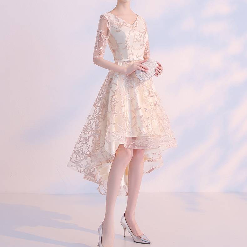 ドレス ワンピース ウェディング パーティー 結婚式 二次会 披露宴 謝恩会 ミモレ 5分袖 Vネック 細身 Aライン イブニング レース シフォン ファスナー ハイウエスト 可愛い きれいめ シンプ