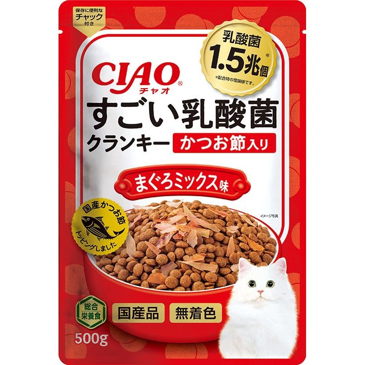 （まとめ買い）いなばペットフードCIAOすごい乳酸菌クランキーかつお節入りまぐろミックス味500g猫用フード[x6]