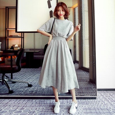 ワンピース フレアワンピース 袖あり 5分袖 ラウンドネック 襟なし フレア Aライン かわいい 可愛い きれいめ シンプル カジュアル 上品 おしゃれ かっこいい 可愛い 女子