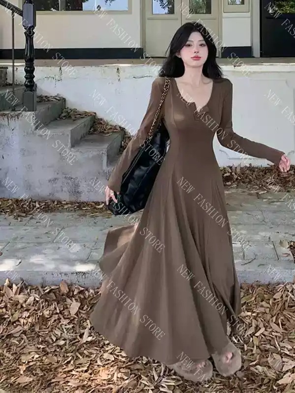 長袖新作ワンピースレディースロングスカート秋冬-92