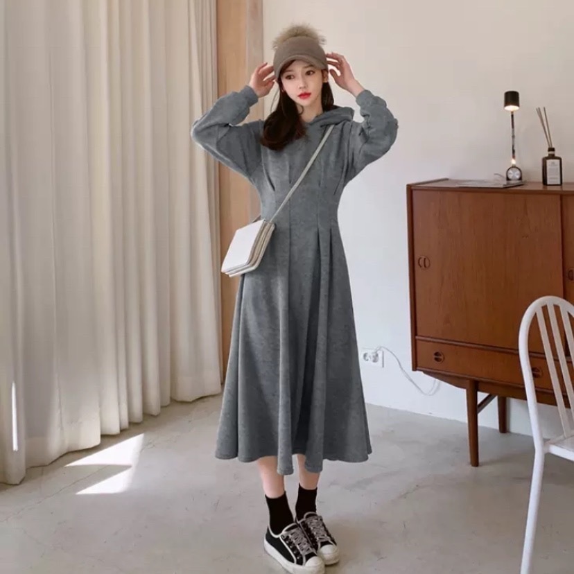 ワンピース フレアワンピ フード付き ハイウエスト ロング丈 ロングスカート フレア Aライン 春 秋 冬 無地 ステッチ 長袖 ウエスト絞り グレー 灰色 モカ ブラック 黒 M L XL 2XL