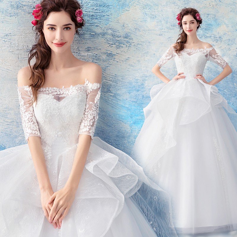 ウエディングドレス 結婚式 ロングドレス 演奏会 安い プリンセス 長袖 二次会 ワンショルダー 花嫁 エンパイア ブライダル 大きいサイズ