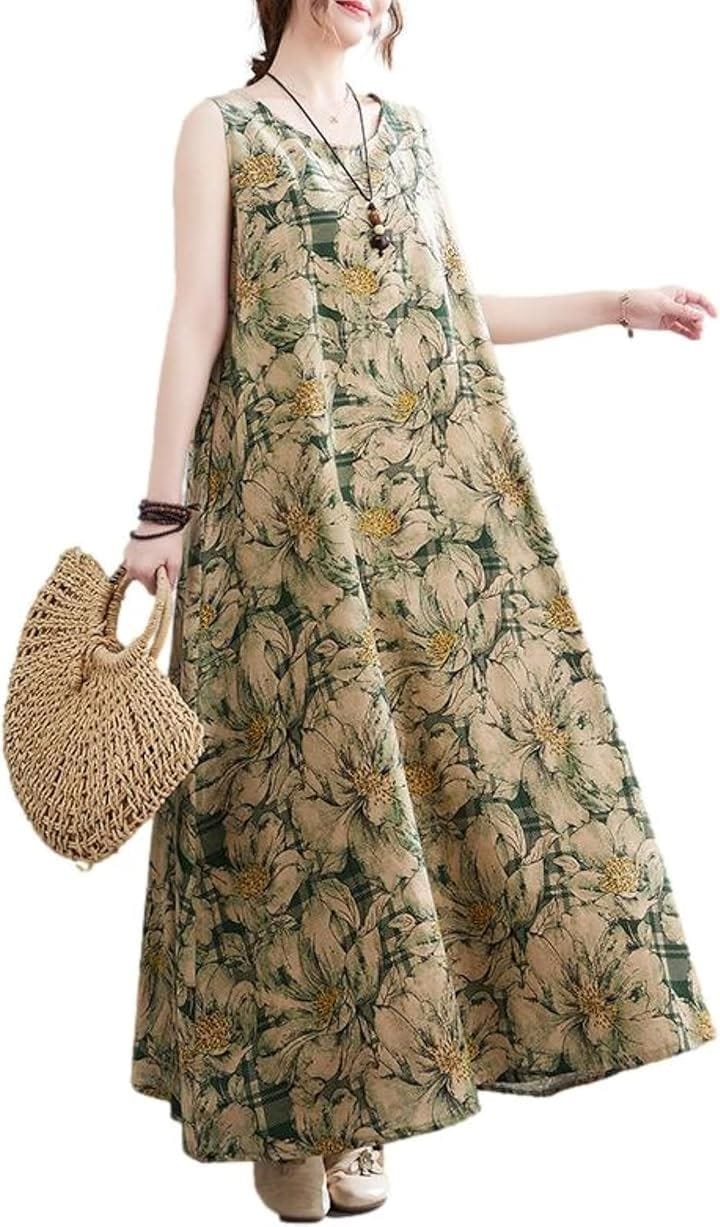 ワンピース レディース ロング ノースリーブ フラワープリント シック Aライン サマードレス 綿混 ふんわり おしゃれ きちんと感 ヘルシー 裏地なし 高見え 軽い(グリーン, M)