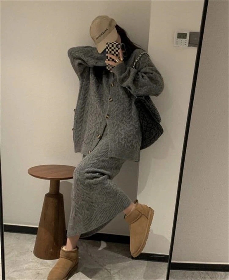 【wanzhen】韓国ファッション 大きいサイズ コート ハイウエスト 怠惰な風 ロングスカート 気質 ニットトップス 2点セット 快適である セーター