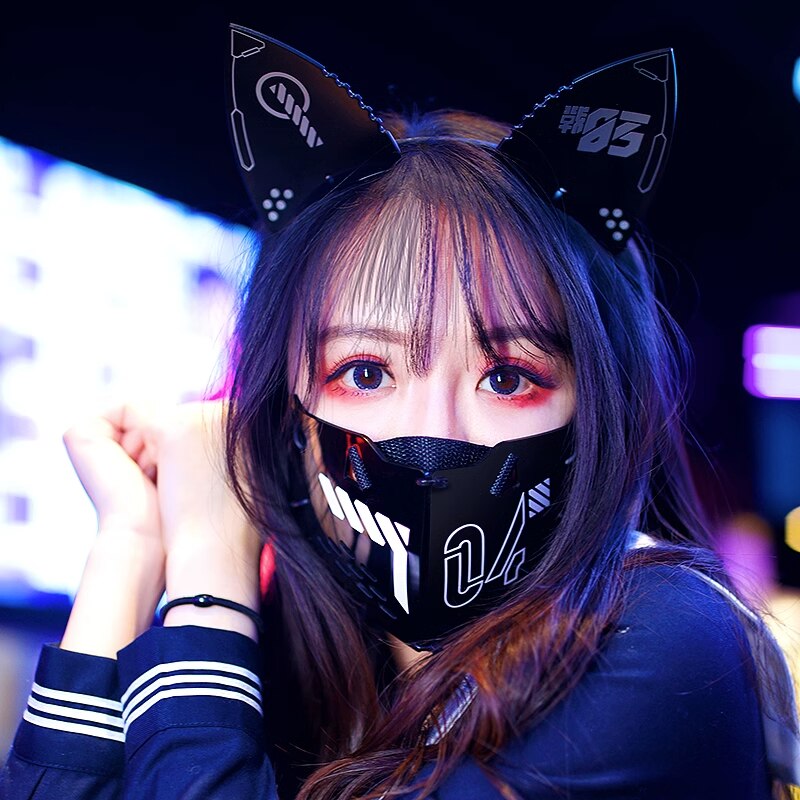 サイバーパンクマスク レディース用ハーフマスク 猫耳ヘアフープ NEOトーキョー イベント レース アイドル ナイトクラブ ハロウィン ストリート DJ バイク サバゲー コスプレ 自転車