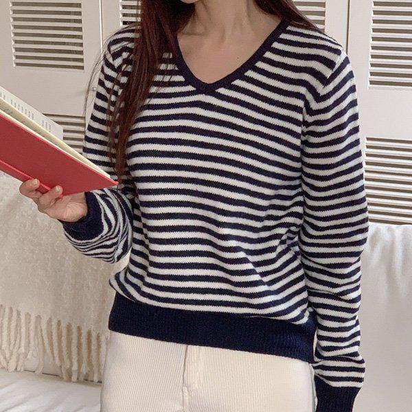 Hスタイル(KN)クレヨン段カラVニットティー 冬 女性 ニットティー ウール Vネック セーター 基本 Tシャツ