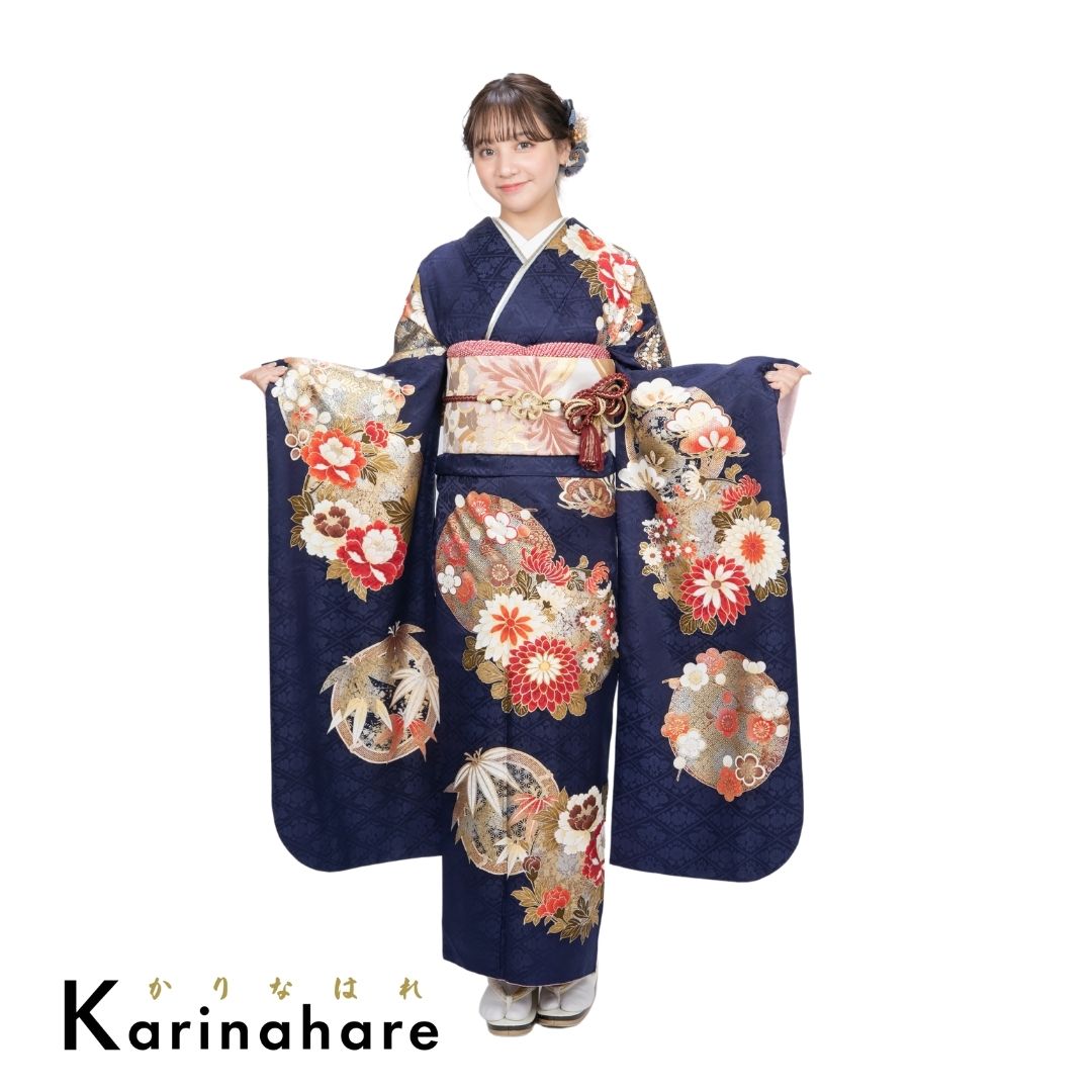結婚式結納振袖レンタル濃紺生地の吉祥花尽くし振袖セットF695-108