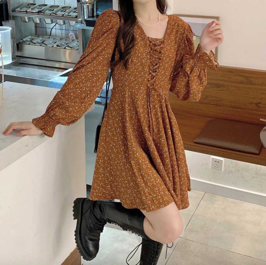 ワンピース デート かわいい 大人可愛い きれいめ シンプル カジュアル 大人 上品 おしゃれ 編み込み リボン 花柄 ミニ丈 長袖 春秋 ２XL ３XL ４XL オレンジ ブラック 韓国 モテ