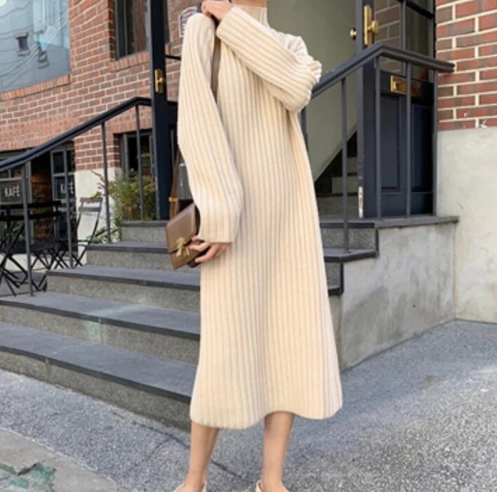ワンピース デート かわいい 大人可愛い きれいめ シンプル カジュアル 大人 上品 おしゃれ ハイネック ハーフタートル リブ ロング丈 ニットワンピ 無地 ホワイト ブラウン 韓国 ママ 冬 モテ