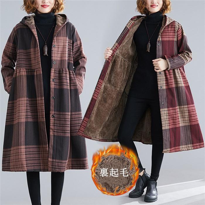 コート レディース ロングコート 冬 アウター ロング丈 ジャケット チェック柄 フード付き ロングジャケット 裏ボア 裏起毛 暖かい 体型カバー 大きいサイズ