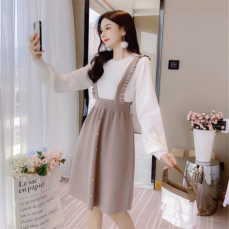 セットアップ ツーピース ニットソー パンツ ミモレ丈スカート ミモレ ミモレ丈 袖あり 長袖 ラウンドネック ハイウエスト かわいい 大人可愛い きれいめ シンプル カジュアル 大人 上品 おしゃれ