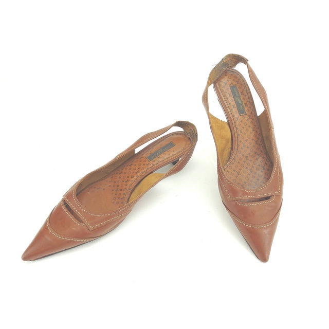 パンプス スリングバック ポインテッドトゥ 37 カデナチャーム付き ブラウン ゴールド 中古