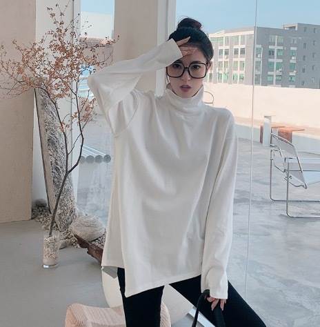 トップス Tシャツ カットソー 白トップス ミディアム丈 袖あり 長袖 ボリューム袖 タートルネック ハイネック フレア セミフレア 細身 ストレート ワイド Aライン Iライン マーメイド 切り替え