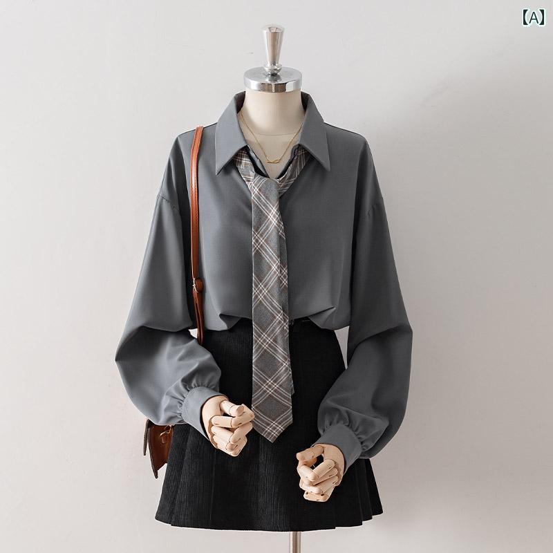 ブラウス 長袖 レディース グレー カジュアル シャツ 秋 ネクタイ付き オーバーサイズ ドレープ トップス タイプ