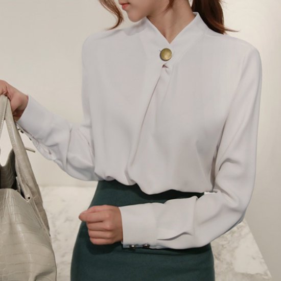 長袖ブラウス レディース トップス シャツ シンプル 無地 きれいめ フォーマル オフィス カジュアル お出かけ おしゃれ ゴールドボタン 長袖 OL 通勤 レトロ エレガント ホワイト グレー 5,791円
