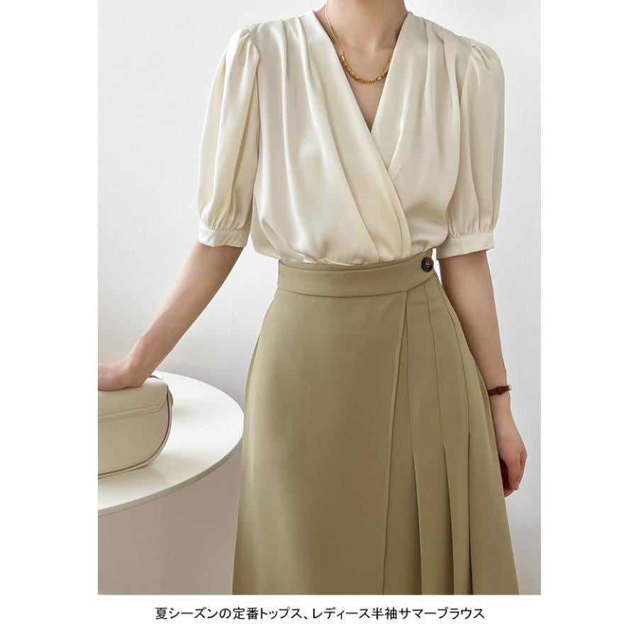 ブラウス 半袖 レディース ギャザーブラウス 夏 5分丈袖 レトロ 半袖ブラウス Vネック 40代 30代 通勤 サマーブラウス トップス