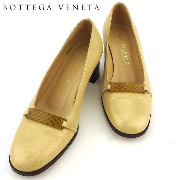 パンプス シューズ 靴 ラウンドトゥ レディース 34ハーフC イントレチャート調プレート付き ベージュ ゴールド ブラウン 中古