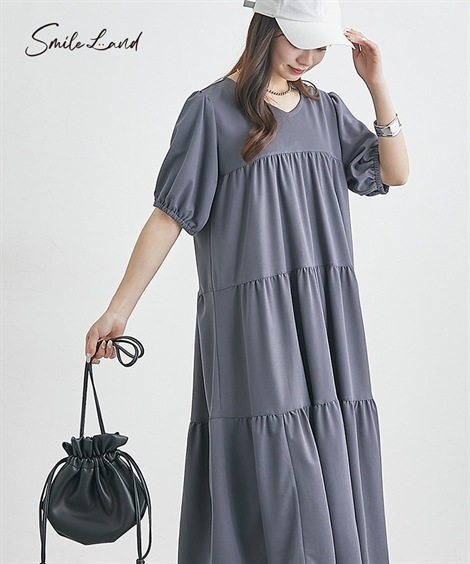 ロング・マキシ丈/半袖 大きいサイズ 美ラクRUタッチティアードワンピース 接触冷感・UVカット 4,952円