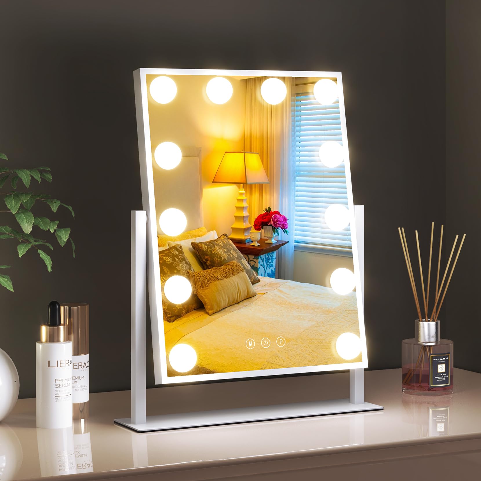 YOLEO 化粧鏡 女優ミラー LED ハリウッドミラー 12個LED電球 高輝度 角度調整 3モード調色 明るさ調節可能 360度回転 コンパクト 化粧鏡 led 鏡 卓上 LED スタンドミラー