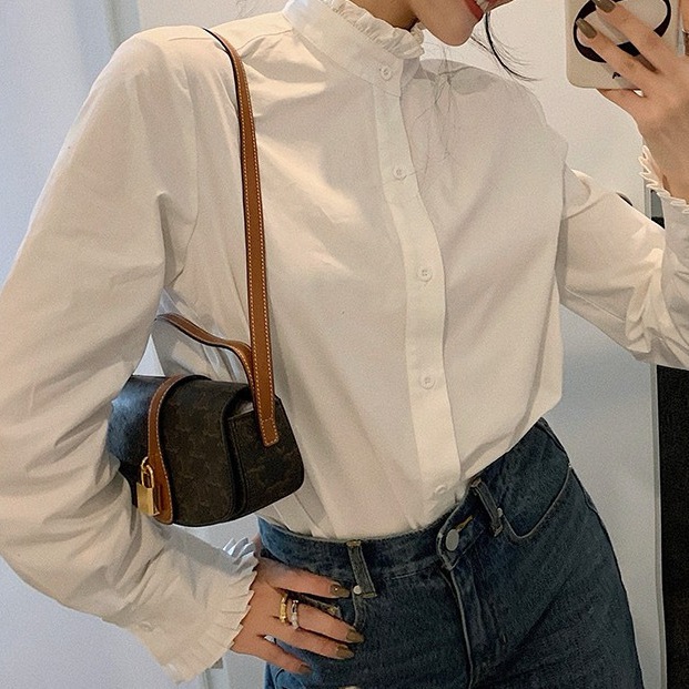 レディース トップス シャツ 前開き レギュラー丈 タックイン 裾イン 長袖 フリル袖 プリーツパフ スタンドカラー フリル襟 スリム ストレート フェミニン プリーツ フリル ボタン かわいい