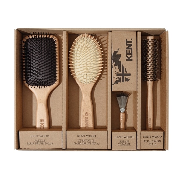 [Kent] ケント クッションブラシ 4点セット/ パドルブラシ + クッションブラシ(L) + ロールブラシ(NO16) + ヘアブラシ クリーナー