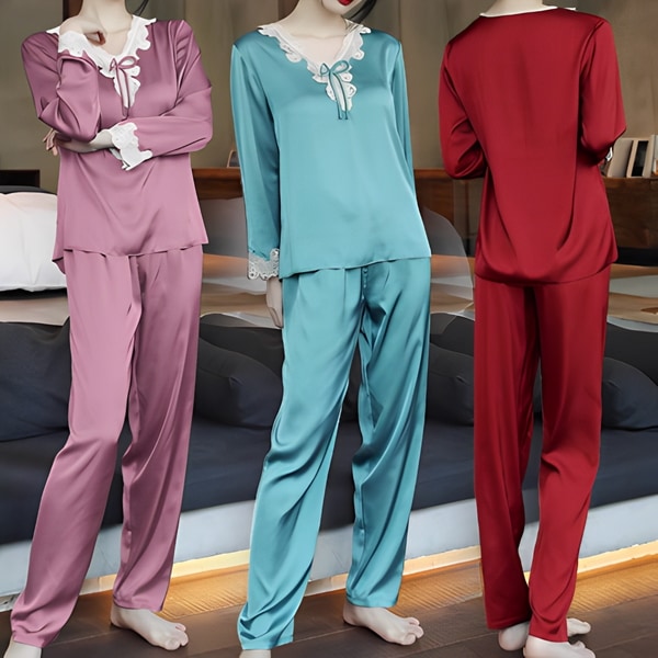 ３色展開 パジャマスーツ上下セット ツーピース レディース トップス パンツ ボトムス ルームウェア パジャマ 部屋着 セットアップ ストレートパンツ 長袖 Vネック ノーカラー りぼんタイ スリム