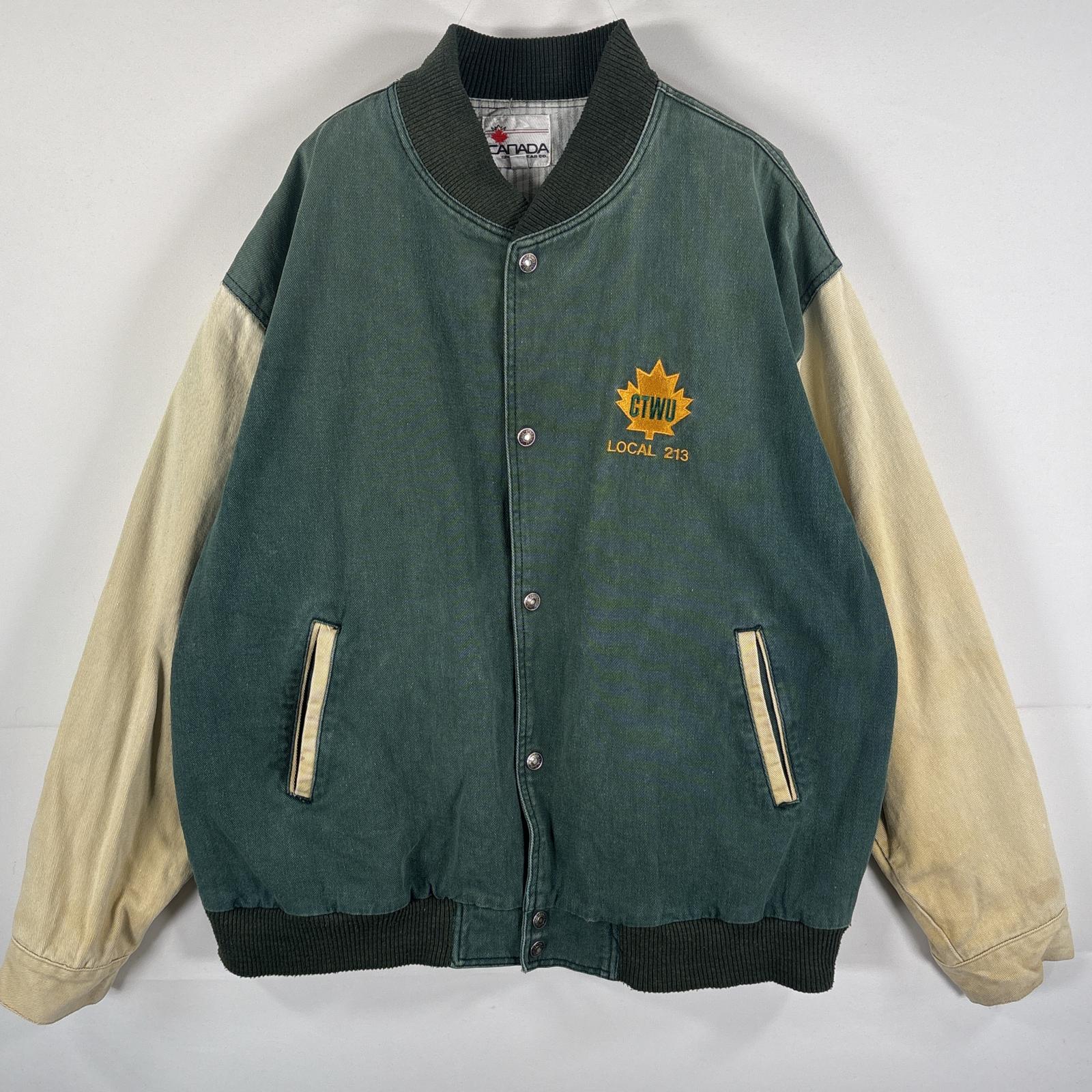 古着 90s/90年代 カナダスポーツウェア CANADA SPORTS WEAR スタジャン ブルゾン 裏地ストライプ 刺繍 XL グリーン ベージュ メンズ