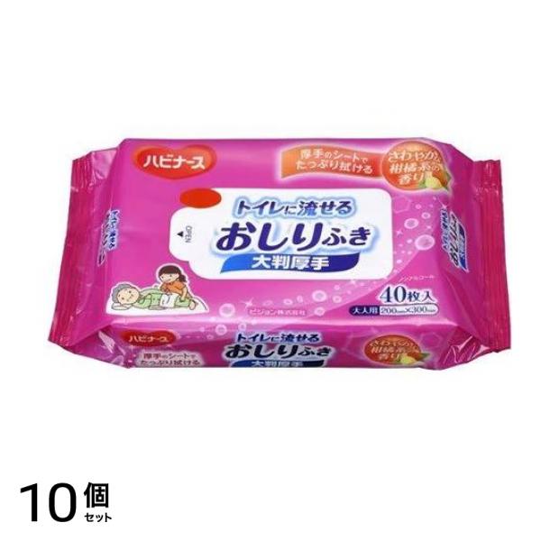 ハビナース トイレに流せる おしりふき大判厚手 40枚 10個セット