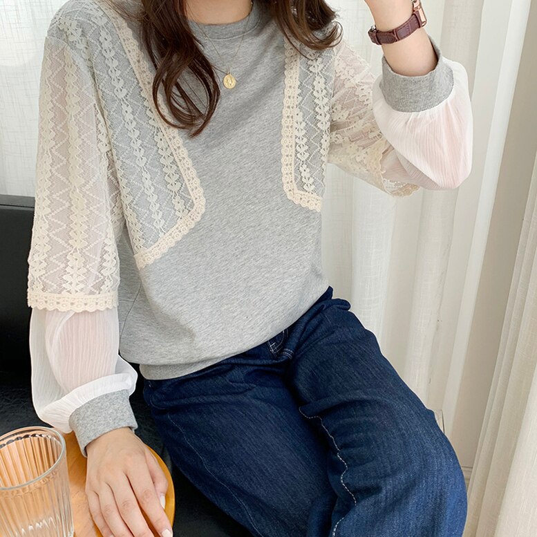 レースデザインスウェット 配色レーススエット 透かしレースドッキングプルオーバー トップス 長袖 ク 5,121円