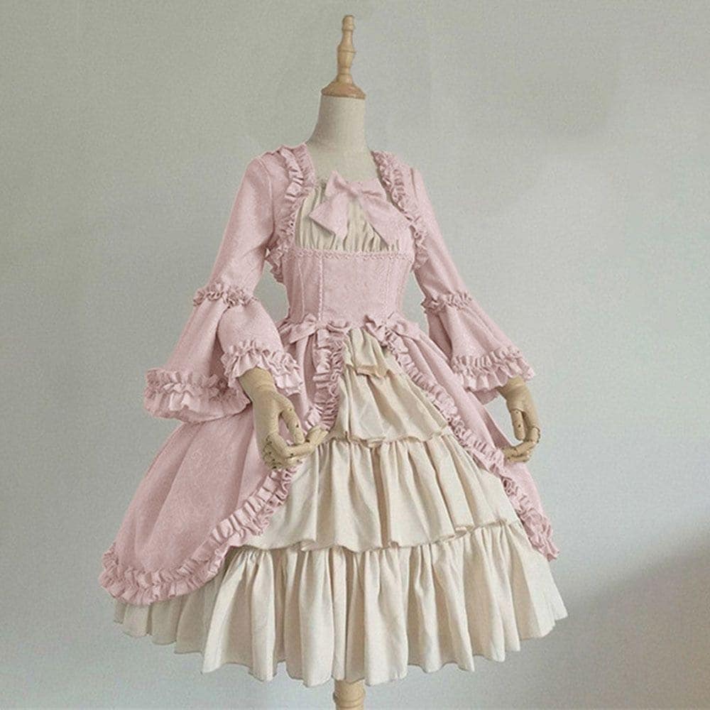 中世の宮殿ドレスレトロドレスゴシックスクエアネックウエストステッチリボンバンケットドレス