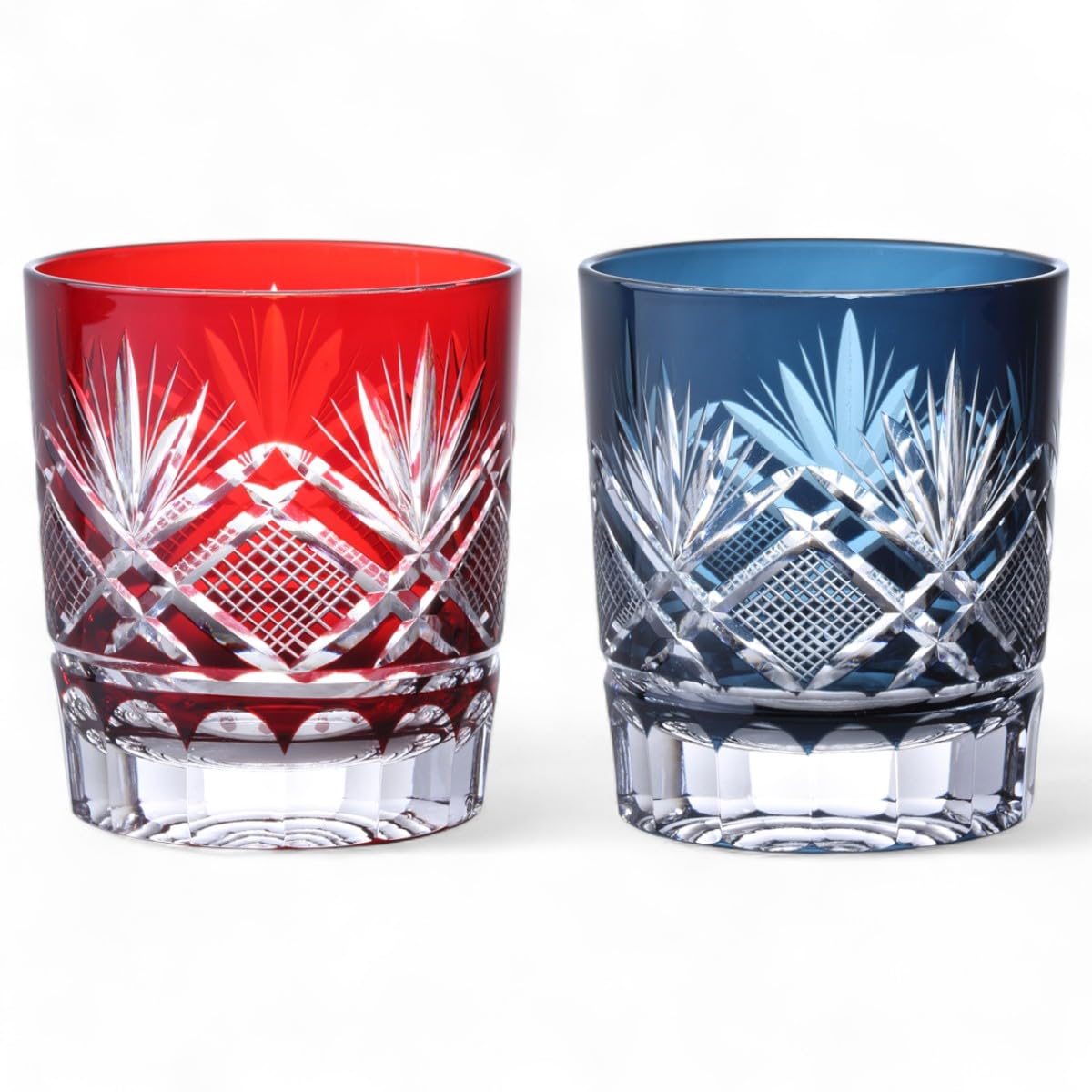 J-kitchens 水影 切子 ペア グラス カップ Φ80xH90mm 280cc 蘭彫り レッド & インクブルー Current Model