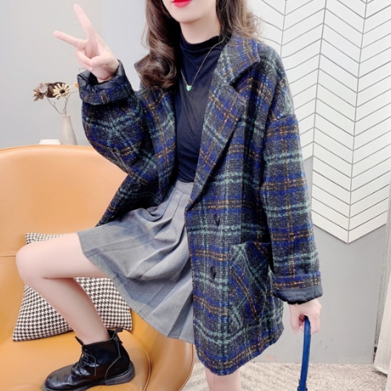 【取寄：納期2週間】コート レディース アウター 羽織 秋冬 チェック柄 長袖 ダブルブレスト 厚手 ゆったり ルーズ 体型カバー オーバーシルエット カジュアル お出掛け おしゃれ ジャケット