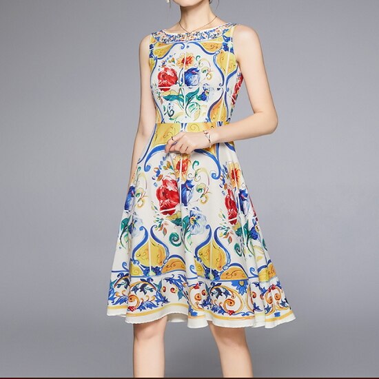 【取寄：納期2週間】リゾートワンピース レディース ミモレ丈 ワンピース ノースリーブ 柄物 フレアワンピース