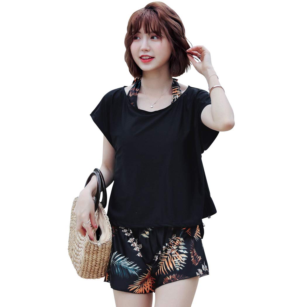 [TeddyShop] 水着 レディース 体型カバー タンキニ 4点セット 大人 ビキニ タンクトップ ショートパンツ Tシャツ ラッシュガード ママ水着 hys1618 (X：ブラック×オレンジボタ