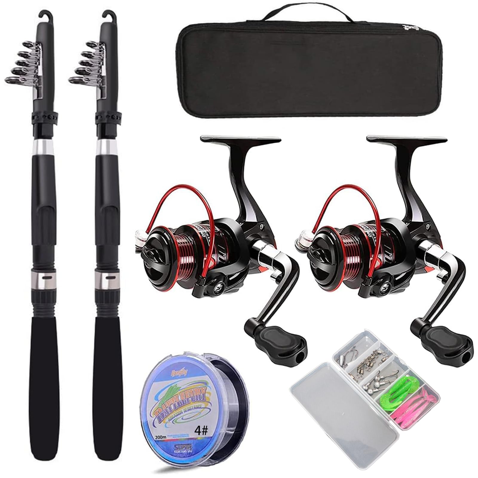 釣りセット 投げ釣り 2本の2.1M釣り竿セットフィッシング 海釣りセット コンパクトロッド 入門セット スピニングリール 炭素ロッド 携帯便利 軽量 ルアーセット付き (2本セット)