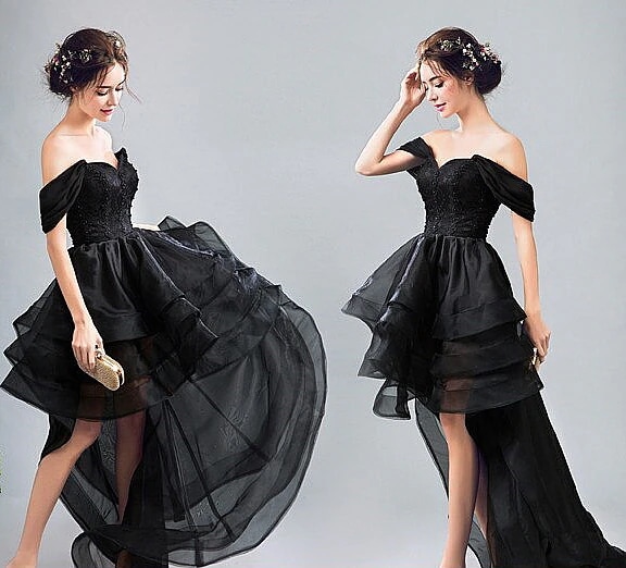 韓国ファッション 二次会 結婚式 パーティードレス 黒 ウエディングドレス シンプルワンワードショルダー花嫁ウエディングドレス演奏会