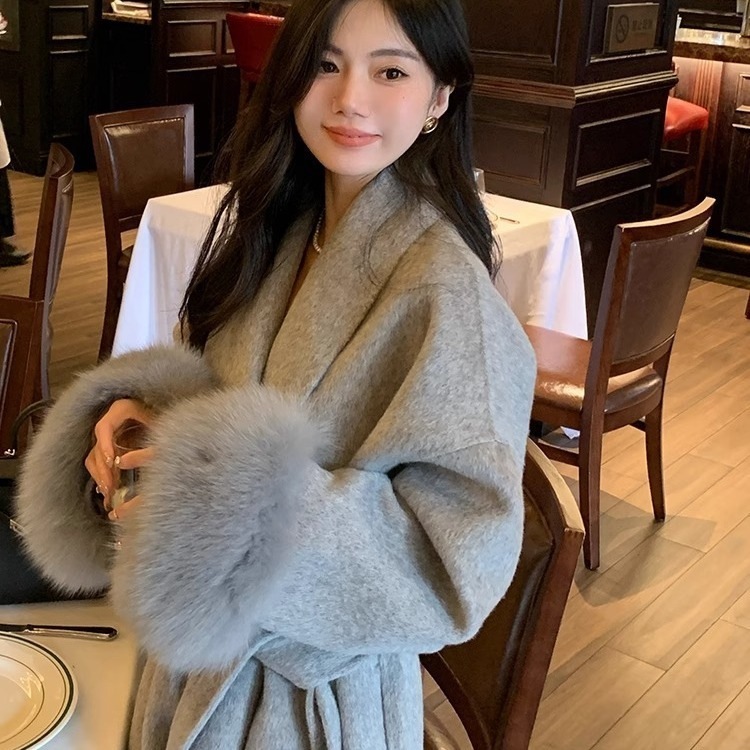 高級両面ウールコート取り外し可能なフォックスファースリーブバスローブスタイル長いプラッシュと厚い韓国スタイル