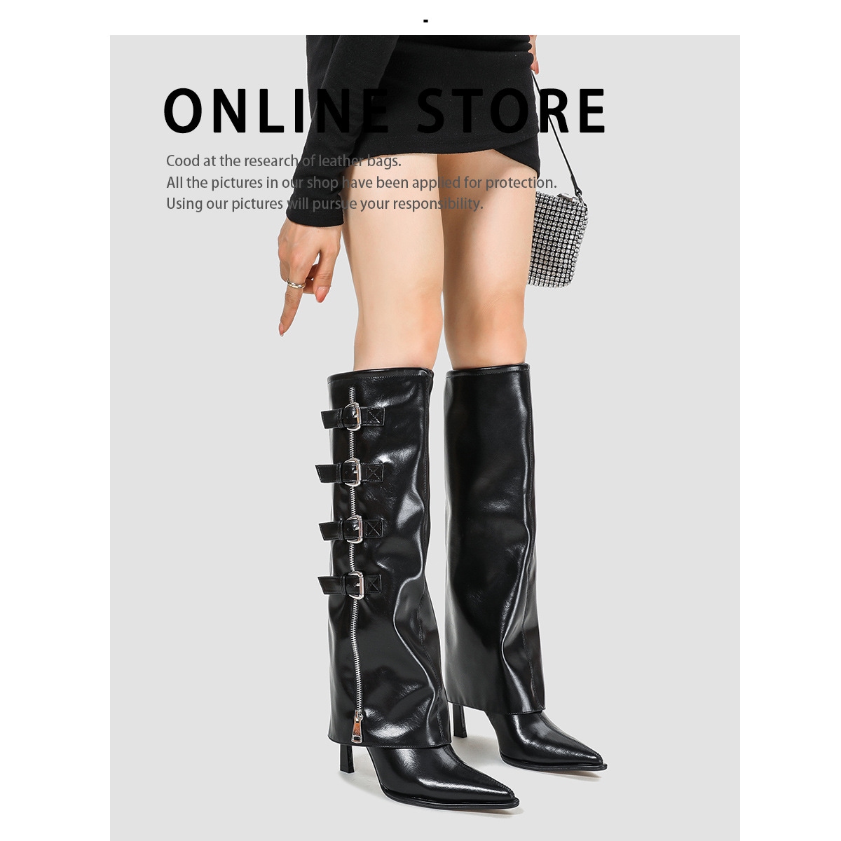 キャットウォークウェアハウスブーツ女性用秋冬サイドジッパーハイヒールファッションブーツベルトバックルスリムロングブーツ