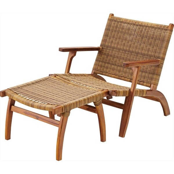 チークとラタン調編み込み座面のアームチェア&オットマンセット 北欧 ナチュラル チェア ダイニングチェア ダイニング キッチン ダイニングキッチン