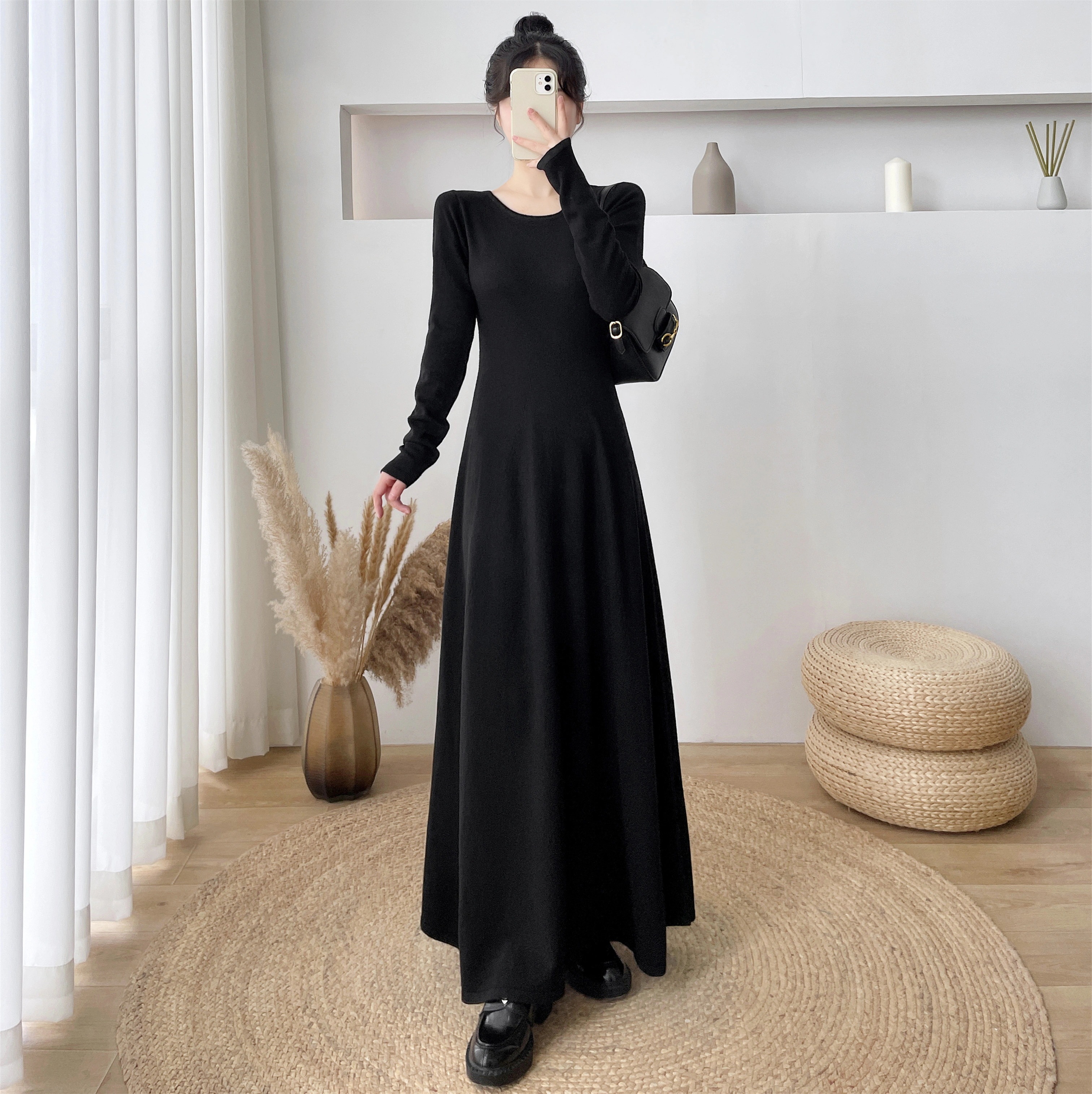 膝丈超ロングニットワンピースレディース秋冬Vネック気質ウエストインサイドアウトセーターワンピースロングスカートニットワンピ