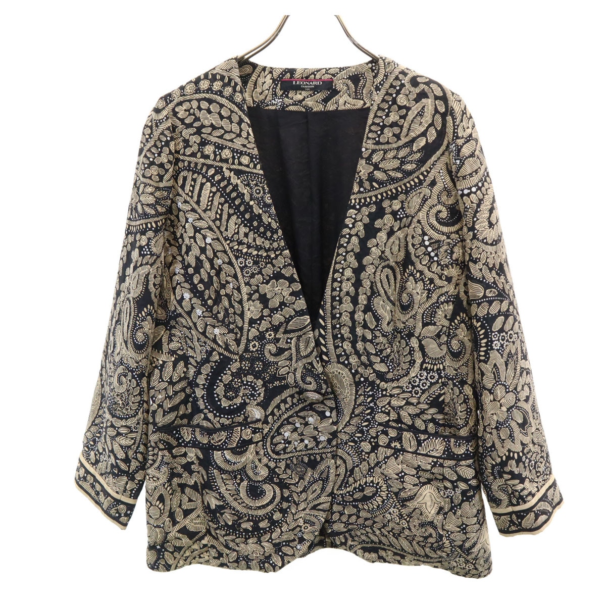 総柄 ノーカラー ジャケット 13AR ブラック系 レディース 古着 12,514円