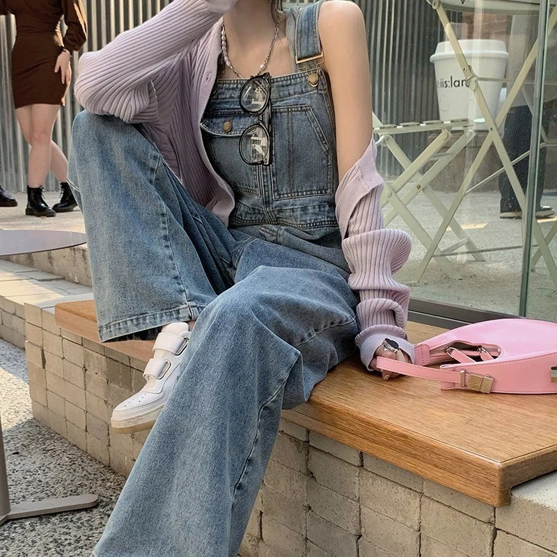 コーデ完成！サロペットデニム ワイドパンツ 韓国ファッション 体型カバー ゆったり ストレートオールインワン サロペットパンツ ゆったり 無地 カジュアル ストレートワイドパンツ サロペット レディー